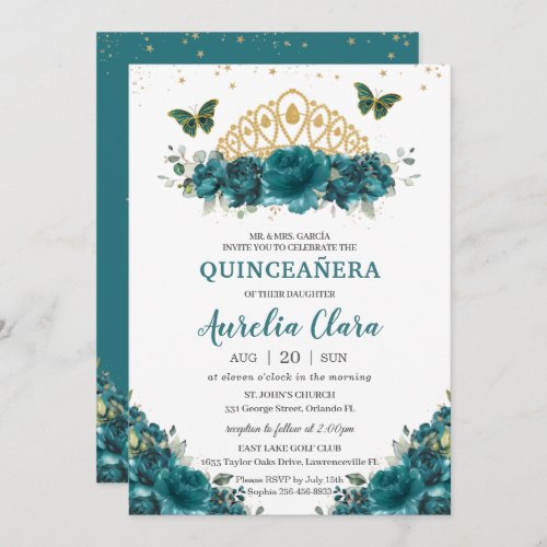 Quinceaera Teal Cyan Floral Butterflies Crown Invitation