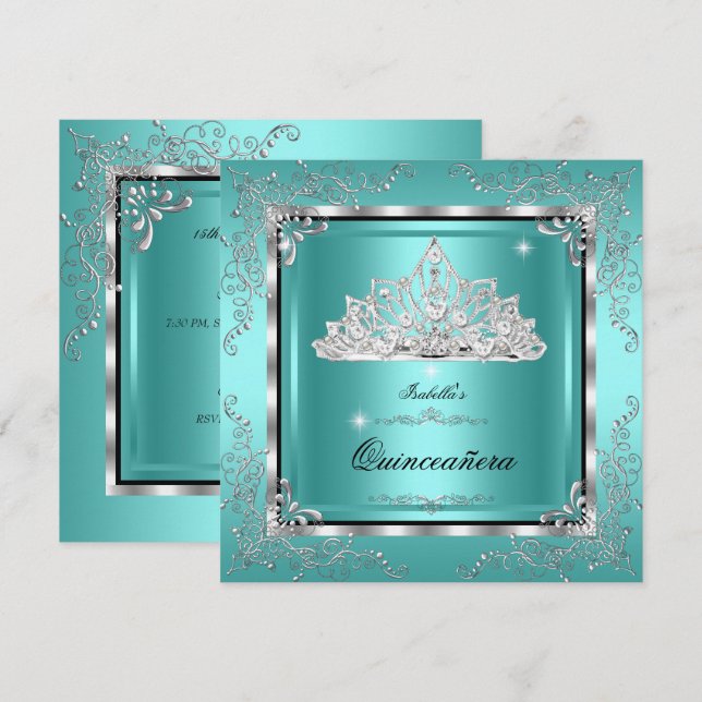 Quinceanera Teal Diamond Tiara 15th Birthday Invitation (Front/Back)