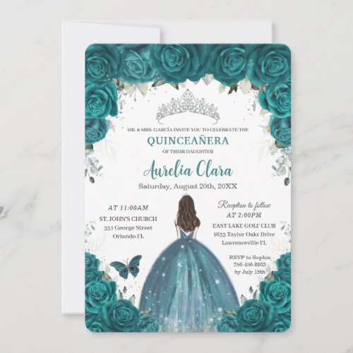 Quinceaera Teal Floral Butterflies Silver Tiara Invitation