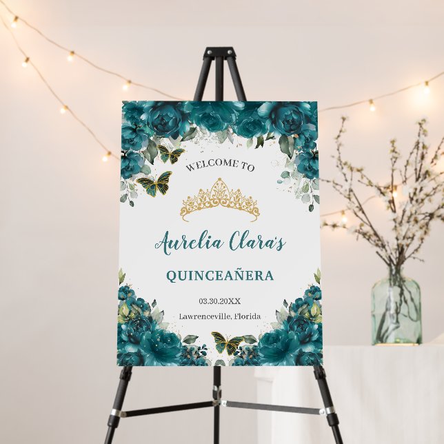 Quinceañera Teal Floral Princess Crown Welcome Foa Foam Board (In Situ (Stand))