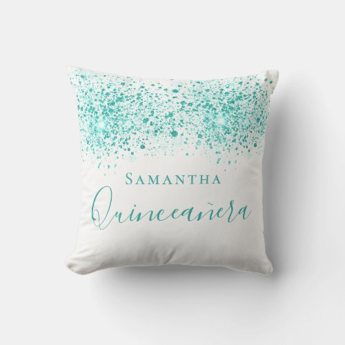 Quinceanera teal glitter drops monogram white throw pillow