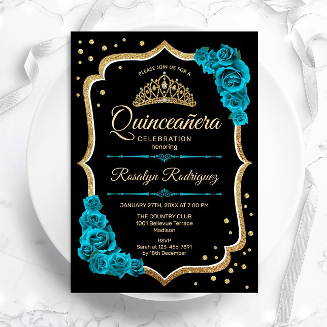Quinceanera - Teal Gold Black Invitation (Creator Uploaded)