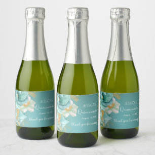 Quinceanera Teal Gold Floral Mini Sparkling Wine L Label