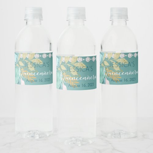 Quinceanera Teal Gold Glitter Water Bottle Label