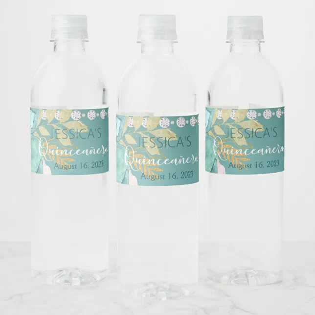 Quinceanera Teal Gold Glitter Water Bottle Label Zazzle