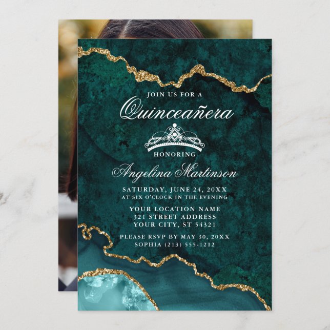 Quinceanera Teal Gold Marble Agate Geode Photo Invitation (Front/Back)