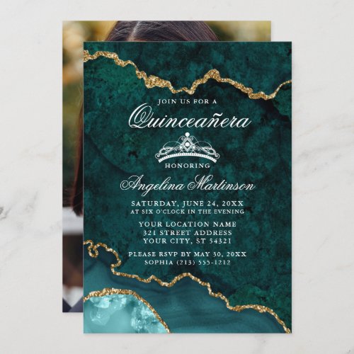 Quinceanera Teal Gold Marble Agate Geode Photo Invitation