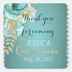 Quinceanera Teal Gold Personalized Favor Sticker