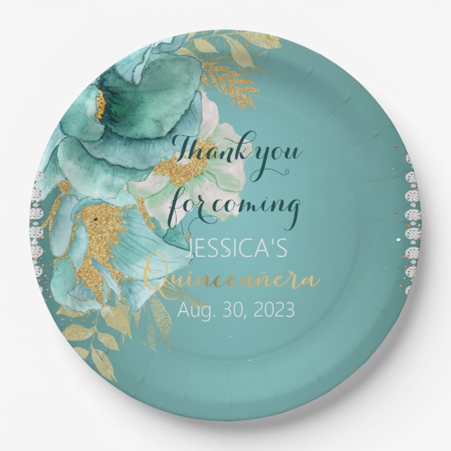 Quinceanera Teal Gold Personalized Paper Plate (Front)