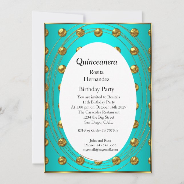 Quinceanera Teal Green Gold Balls Birthday Party  Invitation (Front)