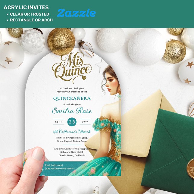 Quinceañera Teal Green Gold Mis Quince Dress Arch Acrylic Invitations (Creator Uploaded)
