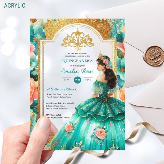 Quinceañera Teal Green Gold Mis Quince Flowers Acrylic Invitations (Creator Uploaded)