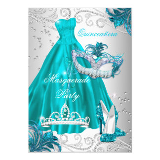 Quinceanera Teal Mask Silver Dress Masquerade Blue Card