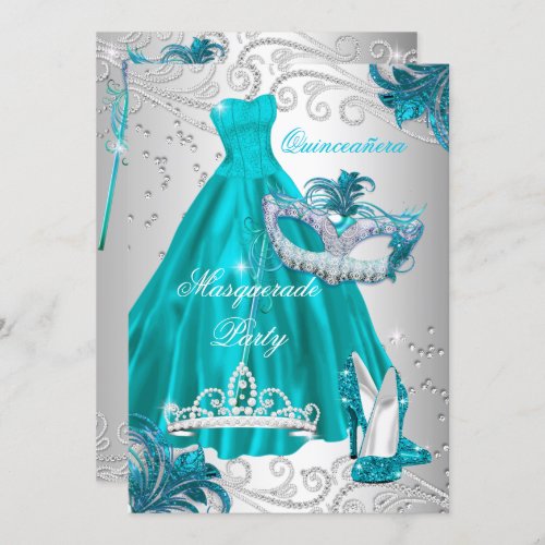 Quinceanera Teal Mask Silver Dress Masquerade Blue Invitation