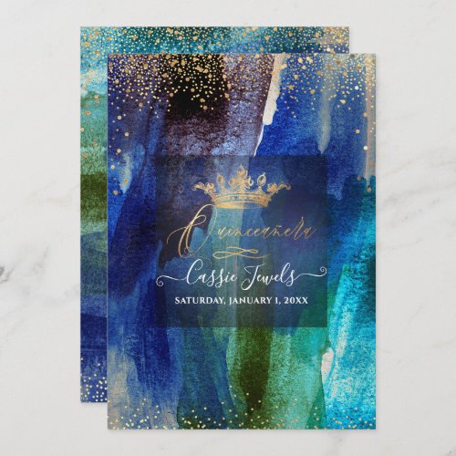 Quinceanera Teal Navy Blue Watercolor Brushstrokes Invitation