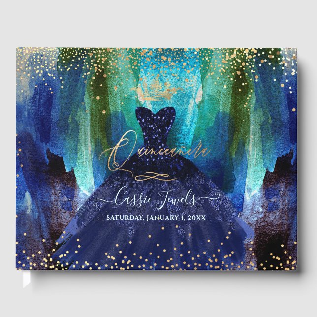 Quinceanera Teal Navy Blue Watercolor Gown Guest Book (Front)