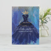 Quinceanera Teal Navy Blue Watercolor Gown Invitation (Standing Front)
