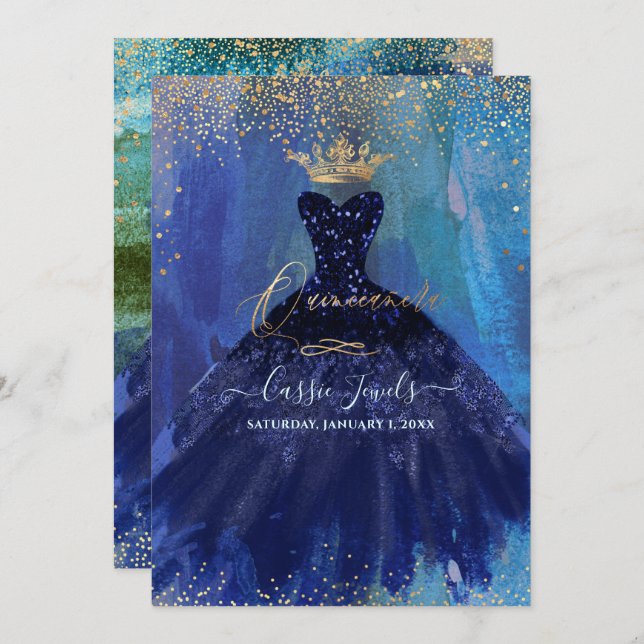 Quinceanera Teal Navy Blue Watercolor Gown Invitation (Front/Back)