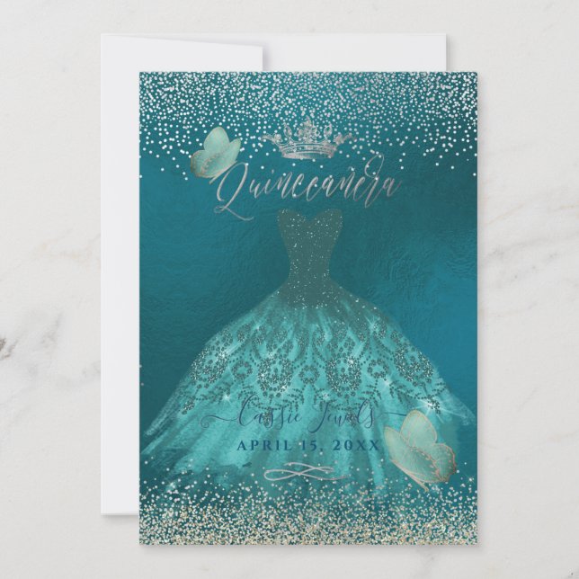 Quinceanera Teal Ombre Butterflies Princess Gown Invitation (Front)
