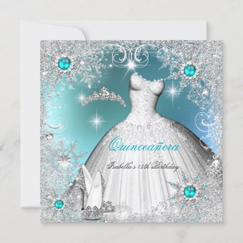 Quinceanera Teal Pearl Silver Winter Snowflakes Invitation