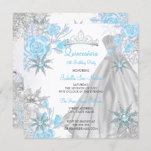 Quinceanera Teal Rose Winter Wonderland Snowflake Invitation