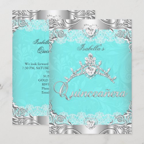 Quinceanera Teal Silver Diamond Tiara 15th Party Custom Invitations