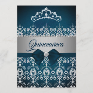 Quinceanera Teal Silver Sparkle Diamond Tiara Bow Invitation