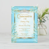 Quinceanera Teal Tiara Gold Photo Birthday Party Invitation (Standing Front)