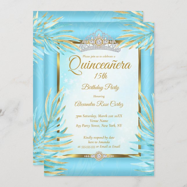 Quinceanera Teal Tiara Gold Photo Birthday Party Invitation (Front/Back)
