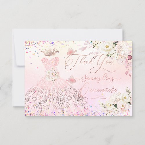 Quinceanera Thank You Blush Pink Glitter Gown Card