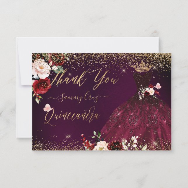 Quinceanera Thank You Burgundy Glitter Gown Card (Front)