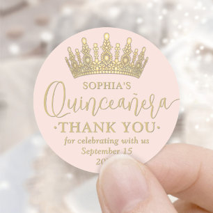 Quinceañera Thank You Chic Blush Pink & Gold Crown Classic Round Sticker