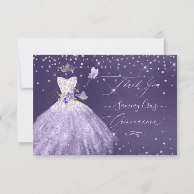 Quinceanera Thank You Dusty Purple Glitter Gown Invitation (Front)