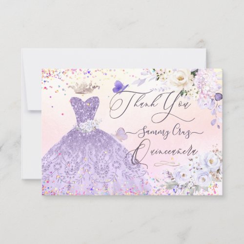 Quinceanera Thank You Dusty Purple Glitter Gown  Invitation