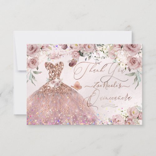 Quinceanera Thank You Dusty Rose Glitter Gown Card