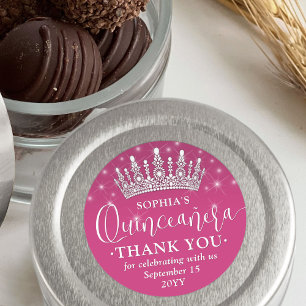 Quinceañera Thank You Elegant Crown Fuschia Pink Classic Round Sticker
