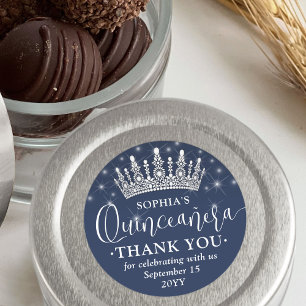 Quinceañera Thank You Elegant Crown Navy Blue Classic Round Sticker