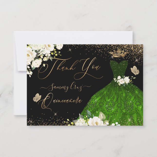 Quinceanera Thank You Emerald Green Glitter Gown  (Front)