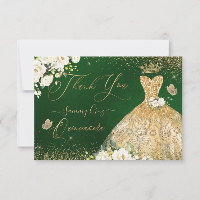 Quinceanera Thank You Green Gold Glitter Gown  Card (Front)
