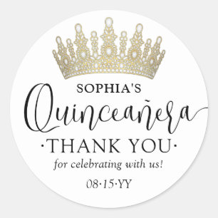 Quinceañera Thank You Modern Script Gold Crown Classic Round Sticker