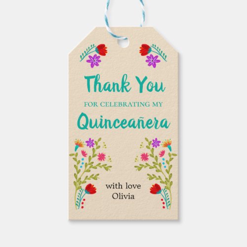 Quinceanera Thank You Turquoise Green Floral Gift Tags