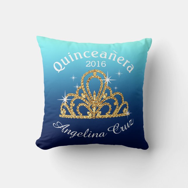Quinceanera Tiara Bokeh Bling | ombre blue Throw Pillow (Front)