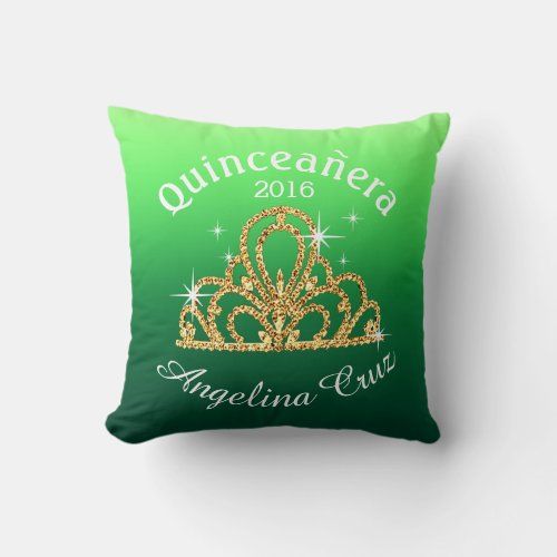 Quinceanera Tiara Bokeh Bling  ombre green Throw Pillow