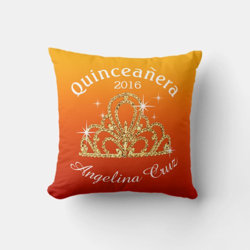 Quinceanera Tiara Bokeh Bling  ombre orange Throw Pillow