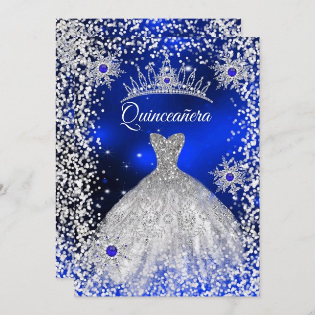 Quinceanera Tiara Dress blue winter Snowflake Invitation (Front/Back)