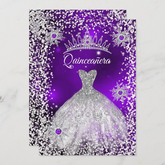 Quinceanera Tiara Dress purple winter Snowflake Invitation (Front/Back)