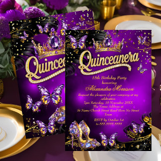 Quinceanera Tiara Gold Purple Butterflies 15th Invitation