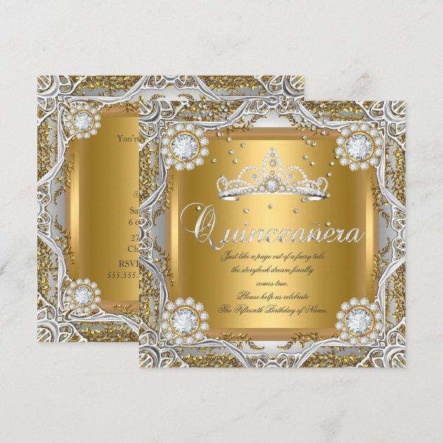 Quinceanera Tiara Gold Silver Diamond Birthday Invitation (Front/Back)
