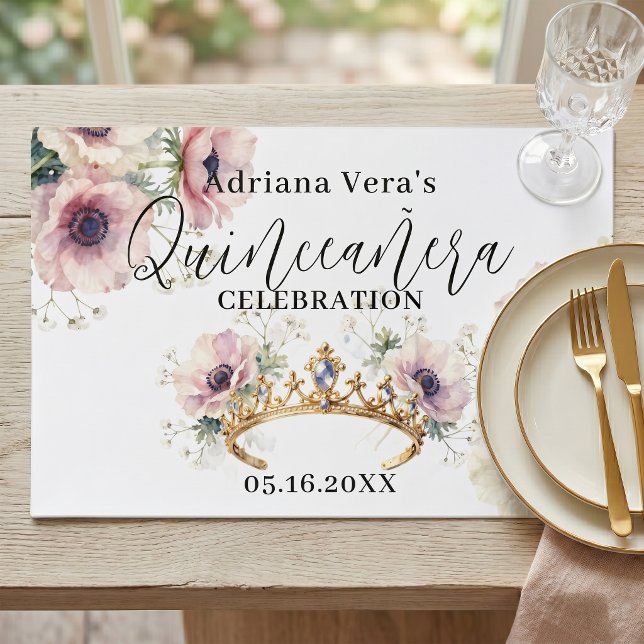 Quinceañera Tiara Pink Floral Paper Placemat (Creator Uploaded)