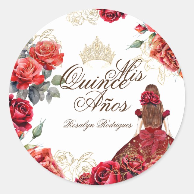 Quinceanera Tiara  Red Roses  Classic Round Sticker (Front)